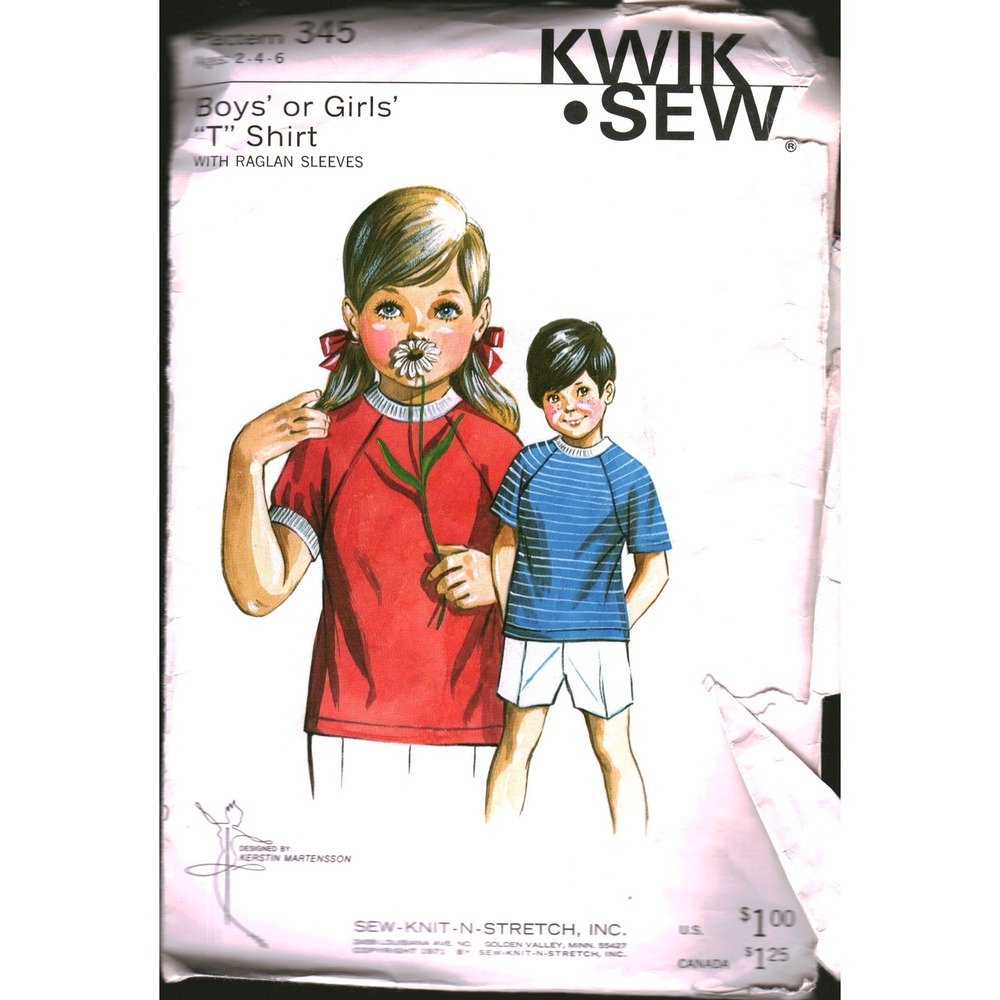 Vintage Kwik Sew 345 Boys Girls T-Shirt Raglan Sleeve Sewing Pattern Size 2-4